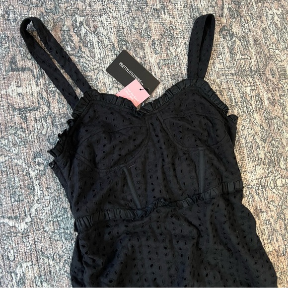 NWT Pretty Little Thing Dress Size 14 Black Eyelet Cinch Sides Bustier Ruffles - Picture 1 of 16